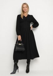 Czarna Sukienka z Wiskozą o Kroju z Gorsetową Talią i Bufiastymi Rękawami Aniste. Czarne sukienki damskie Born2be, bez wzorów, z poliesteru, eleganckie, bez ramiączek. Za 139.99 zł.
