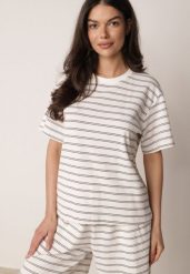 Biało-Czarny Bawełniany T-shirt w Poziome Paski Rive. Czarne t-shirty damskie Born2be, l, bez wzorów, z bawełny, bez kołnierzyka. Za 59.99 zł.