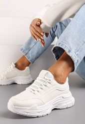 Białe Casualowe Sneakersy z Ekoskóry z Ozdobnymi Wstawkami i Sznurowaniem Melindia. Białe obuwie sportowe damskie Renee, bez zapięcia. Za 79.99 zł.