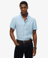 Superdry Vacation Linen krótka koszula 100% len – Sea Blue Chambray. Niebieskie koszule damskie Superdry, s, bez wzorów, ze lnu, wakacyjne, bez kołnierzyka, bez ramiączek. Za 269.45 zł.