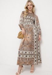 Beżowa Sukienka w Stylu Boho z Rozkloszowanym Dołem i Bufiastymi Rękawami Ertiana. Brązowe sukienki damskie Born2be, bez wzorów, z materiału, boho, bez ramiączek. W wyprzedaży za 127.49 zł.