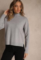 Szary Gładki Golf Casual Raliana. Szare golfy damskie Renee, l, bez wzorów, z jeansu, bez ramiączek. Za 79.99 zł.