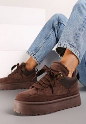 Brązowe Sznurowane Sneakersy na Grubej Podeszwie z Futerkiem Vaitaly. Brązowe obuwie sportowe damskie Born2be, z bawełny, bez zapięcia. Za 99.99 zł.