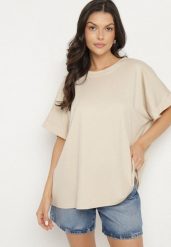 Beżowy T-shirt z Wiskozą o Kroju Nietoperza Tanariona. Brązowe t-shirty damskie Born2be, bez wzorów, z jeansu, bez kołnierzyka. Za 64.99 zł.