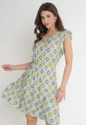 Niebiesko-Żółta Bawełniana Sukienka Mini z Gumką w Talii Caara. Niebieskie sukienki damskie Born2be, bez wzorów, z bawełny, bez ramiączek. Za 79.99 zł.