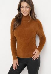 Brązowy Elastyczny Golf z Puszystej Tkaniny z Wełną Doulcet. Brązowe golfy damskie Born2be, l, bez wzorów, z materiału, bez ramiączek. Za 49.99 zł.
