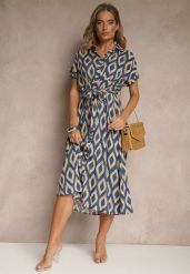Niebieska Koszulowa Sukienka z Wiskozy Ozdobiona Geometrycznym Motywem Ralomia. Niebieskie sukienki damskie Renee, bez wzorów, z wiskozy, eleganckie, bez ramiączek. Za 79.99 zł.