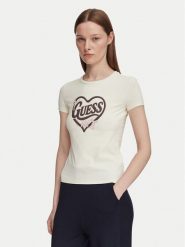 Guess T-Shirt V6YI09 K4276 Beżowy jasny Slim Fit. Brązowe t-shirty damskie Guess, l, z aplikacjami, z bawełny, bez kołnierzyka. Za 154.99 zł.