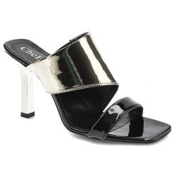 Klapki damskie Chebello, ze skóry naturalnej licowej lakierowanej z szerokim metalicznym paskiem na przodzie dodatkowym wąskim paskiem przy palcach i. Czarne klapki damskie CheBello, z aplikacjami, z lakierowanej skóry, bez obcasa, na obcasie, bez zapięcia. Za 259.00 zł.