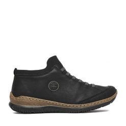 Półbuty Rieker. Czarne półbuty damskie Rieker, bez wzorów, bez obcasa, na płaskiej podeszwie, bez zapięcia. Za 379.99 zł.