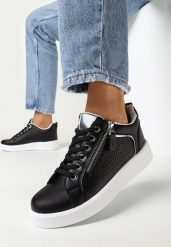 Czarne Sneakersy na Grubej Podeszwie z Ozdobnymi Suwakami i Perforacją Locklin. Czarne obuwie sportowe damskie Born2be, bez zapięcia. Za 119.99 zł.