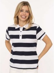 Zwillingsherz Koszulka polo "Stripes" w kolorze biało-granatowym rozmiar: M. Białe bluzki damskie Zwillingsherz, m, bez wzorów, z bawełny, bez kołnierzyka, bez ramiączek. Za 137.45 zł.