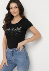 Czarny Bawełniane T-shirt z Cyrkoniami i Napisem Readia. Czarne t-shirty damskie Born2be, l, bez wzorów, z bawełny, bez kołnierzyka. Za 34.99 zł.
