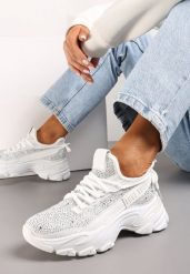 Białe Sneakersy z Błyszczącymi Cyrkonami i Napisem Halerin. Białe obuwie sportowe damskie Renee, bez zapięcia. Za 119.99 zł.