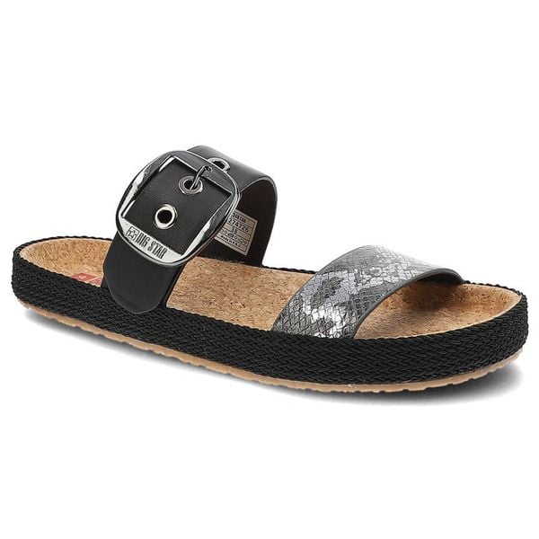 Klapki damskie Big Star, materiał syntetyczny z regulowanym paskiem zapinanym na klamrę profilowaną wkładką, czarne wężowe, JJ274726. Czarne klapki damskie Big Star, bez wzorów, z materiału, bez obcasa, bez zapięcia. Za 109.00 zł.