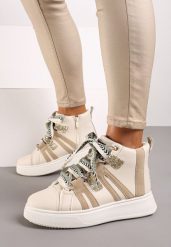 Beżowe Streetwearowe Sneakersy na Grubej Podeszwie Ozdobione Kontrastowymi Wstawkami Kaittane. Brązowe obuwie sportowe damskie Renee, z jeansu, bez zapięcia. Za 109.99 zł.