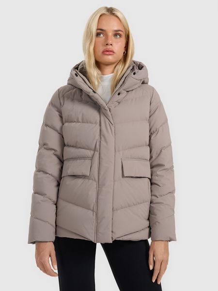 4F Kurtka puchowa z wypełnieniem naturalnym damska - beżowa XXL. Brązowe kurtki damskie 4F, na zimę, xxl, bez wzorów, z materiału, bez kaptura. Za 699.99 zł.