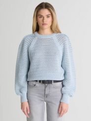 Sweter damski o ażurowym splocie błękitny Funia 400. Niebieskie swetry klasyczne damskie Big Star, na wiosnę, l, z jeansu, bez kołnierzyka. W wyprzedaży za 139.99 zł.