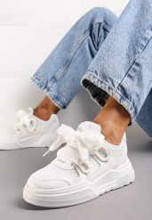 Białe Sneakersy na Niskiej Platformie z Szerokimi Sznurówkami Gritte. Białe obuwie sportowe damskie Born2be, bez zapięcia. Za 84.99 zł.
