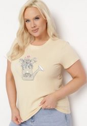 Beżowy Bawełniany T-shirt z Ozdobnym Nadrukiem Littana. Brązowe t-shirty damskie Born2be, l, bez wzorów, z bawełny, bez kołnierzyka. Za 34.99 zł.
