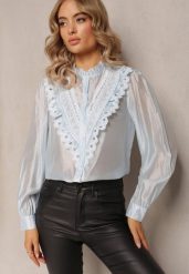 Niebieska Koszula na Guziki z Ozdobną Koronką Raneem. Niebieskie koszule damskie Renee, m, bez wzorów, z koronki, bez kołnierzyka, bez ramiączek. Za 119.99 zł.