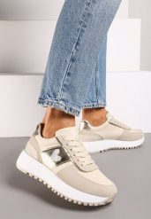 Beżowe Sneakersy na Piankowej Platformie z Serduszkiem Timava. Brązowe obuwie sportowe damskie Born2be, z materiału, bez zapięcia. Za 99.99 zł.