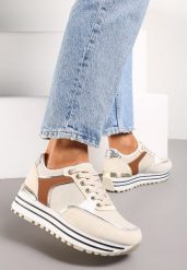 Beżowe Sneakersy z Brokatową Dzianinową Wstawką Atobia. Brązowe obuwie sportowe damskie Renee, z dzianiny, bez zapięcia. Za 99.99 zł.