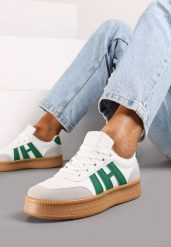 Biało-Zielone Sneakersy na Platformie z Kontrastowymi Wstawkami Mialeria. Białe obuwie sportowe damskie Renee, z materiału, bez zapięcia. Za 89.99 zł.