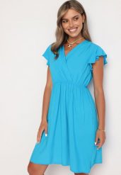Niebieska Rozkloszowana Sukienka z Gumką w Pasie i Falbanką przy Rękawach Walvia. Niebieskie sukienki damskie Born2be, bez wzorów, eleganckie, bez ramiączek. Za 59.99 zł.