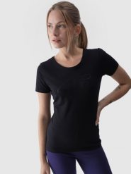 4F T-shirt slim z nadrukiem damski - czarny L. Czarne t-shirty damskie 4F, l, bez wzorów, z bawełny, bez kołnierzyka. Za 59.99 zł.