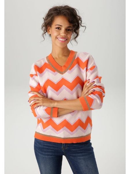 Aniston Sweter w kolorze pomarańczowo-jasnoróżowym rozmiar: 42. Pomarańczowe swetry klasyczne damskie Aniston, bez kołnierzyka. Za 74.28 zł.