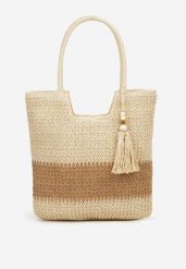 Beżowa Pleciona Torebka z Dwiema Rączkami i Dekoracyjnymi Frędzlami Ibernia. Brązowe shopper bag Born2be, na ramię, bez dodatków. Za 89.99 zł.