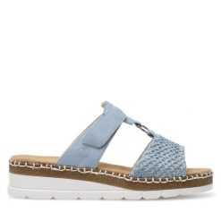 Klapki Rieker. Niebieskie klapki damskie Rieker, bez wzorów, bez obcasa, bez zapięcia. Za 299.99 zł.