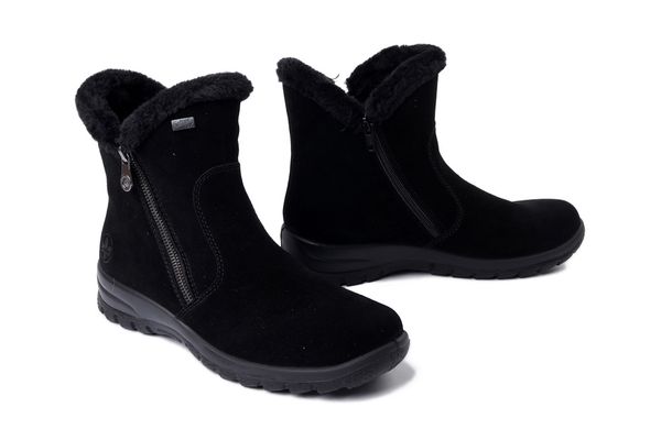 RIEKER TEX L7162-00 black, botki damskie. Czarne botki damskie Rieker, bez obcasa, bez zapięcia. Za 399.90 zł.