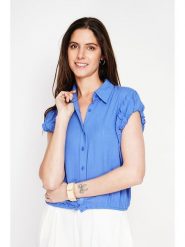 ASSUILI Bluzka w kolorze niebieskim rozmiar: 36. Niebieskie bluzki damskie Assuili, bez wzorów, bez kołnierzyka, bez ramiączek. Za 100.99 zł.