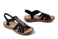 RIEKER V2870-00 black, sandały damskie. Czarne sandały damskie Rieker, bez wzorów, bez obcasa, bez zapięcia. Za 223.93 zł.