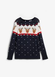 Sweter bożonarodzeniowy z motywem reniferów. Czerwone swetry klasyczne damskie bonprix, bez kołnierzyka. Za 129.99 zł.