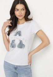 Jasnoszary Bawełniany T-shirt Ozdobiony Napisem i Cyrkoniami Isnorea. Szare t-shirty damskie Born2be, m, bez wzorów, z bawełny, bez kołnierzyka. Za 34.99 zł.