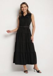 Czarna Koszulowa Sukienka Ozdobiona Paskiem Mavorelle. Czarne sukienki damskie Born2be, bez wzorów, eleganckie, bez ramiączek. Za 149.99 zł.