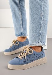 Niebieskie Skórzane Sneakersy Typu Tenisówki z Ażurową Cholewką Virival. Niebieskie obuwie sportowe damskie Born2be, z aplikacjami, z jeansu, bez zapięcia. Za 169.99 zł.