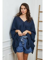 Fleur de Lin Lniana bluzka w kolorze granatowym rozmiar: XL. Niebieskie bluzki damskie Fleur de Lin, xl, bez wzorów, ze lnu, z asymetrycznym kołnierzem, bez ramiączek. Za 165.99 zł.