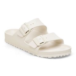 Klapki damskie Birkenstock Arizona Essentials EVA Eggshell. Białe klapki damskie Birkenstock, bez wzorów, bez obcasa, bez zapięcia. Za 189.99 zł.