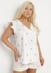 Biała Bluzka z Wiskozy w Kwiaty Tolamea. Białe bluzki damskie Born2be, l, bez wzorów, z jeansu, bez kołnierzyka, bez ramiączek. Za 49.99 zł.