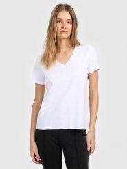 4F T-shirt regular gładki damski - biały L. Białe t-shirty damskie 4F, l, bez wzorów, z materiału, bez kołnierzyka. Za 49.99 zł.