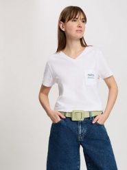 Cross Jeans Koszulka w kolorze białym rozmiar: M. Białe bluzki damskie Cross Jeans, m, bez wzorów, z jeansu, bez kołnierzyka, bez ramiączek. Za 61.60 zł.