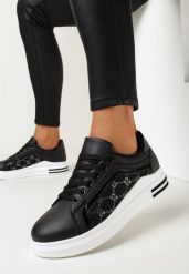 Czarno-Białe Sneakersy na Grubej Podeszwie z Brokatowym Zdobieniem Heiren. Czarne obuwie sportowe damskie Born2be, bez zapięcia. Za 59.99 zł.