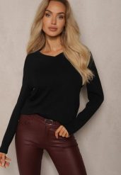 Czarny Minimalistyczny Sweter z Dekoltem w Kształcie Litery V Sinovae. Czarne swetry klasyczne damskie Renee, m, z jeansu, bez kołnierzyka. Za 44.99 zł.