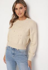 Beżowy Sweter z Wiskozy Ozdobione Tłoczeniem Harini. Brązowe swetry klasyczne damskie Born2be, z jeansu, bez kołnierzyka. Za 149.99 zł.