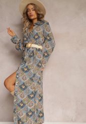 Niebiesko-Zielona Sukienka Koszulowa we Wzór Paisley Zeli. Niebieskie sukienki damskie Renee, bez wzorów, eleganckie, bez ramiączek. W wyprzedaży za 99.99 zł.