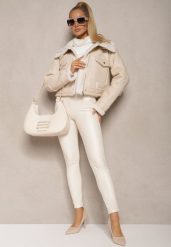 Białe Legginsy High Waist z Imitacji Skóry z Gumką w Pasie Ozdobione Guzikami Sinairis. Białe legginsy damskie Renee, l, bez wzorów, z jeansu. Za 59.99 zł.